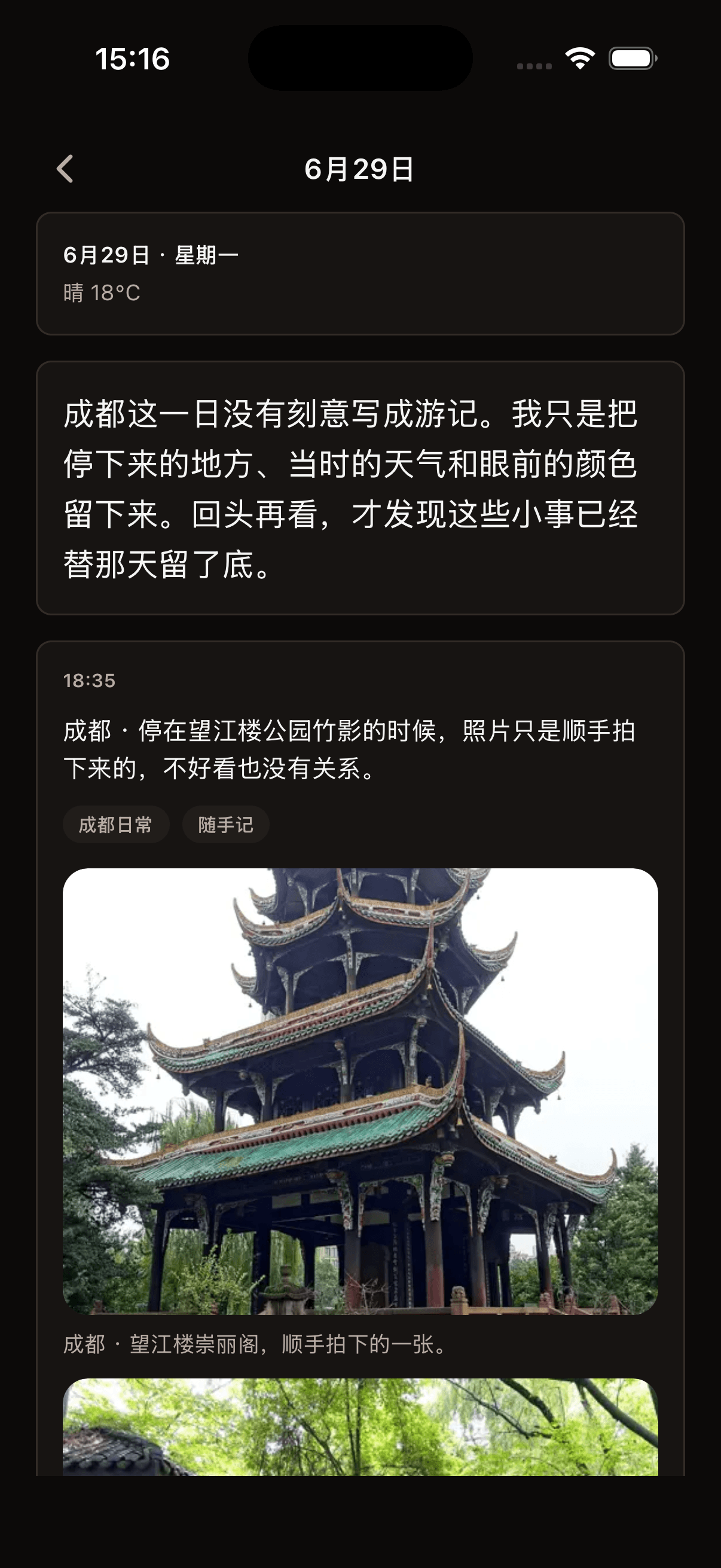 且留此刻日记详情页，展示一日文字、照片和位置记录
